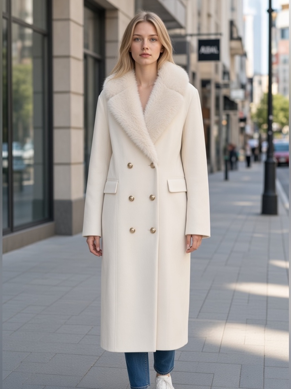 Culture Couture Cream Double-Breasted Faux Fur Collar Coat – XL – NWT White